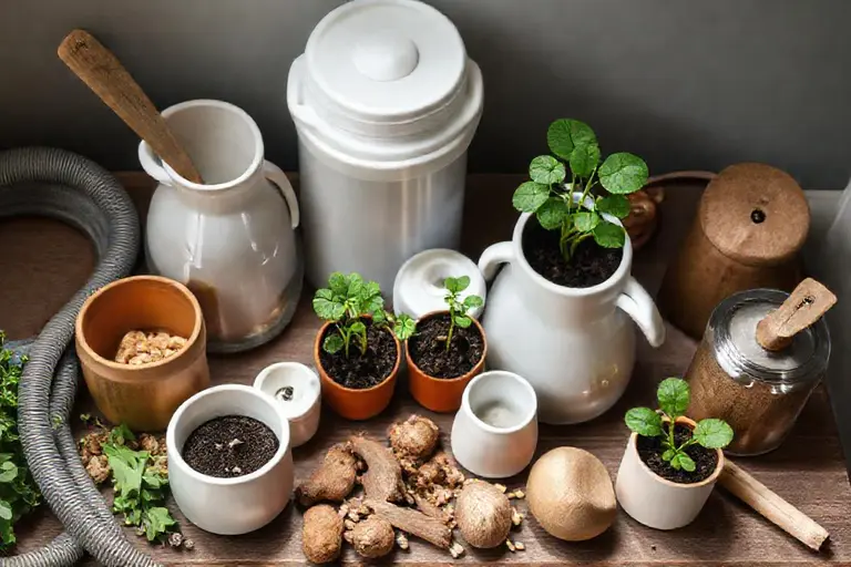Bokashi-Eimer mit Deckel und eine flache Wurmkiste stehen nebeneinander auf einer Küchenarbeitsplatte in einer kleinen Wohnung