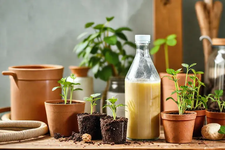 Flasche mit Flüssigdünger steht neben mehreren Zimmerpflanzen auf einer hellen Arbeitsfläche in der Küche